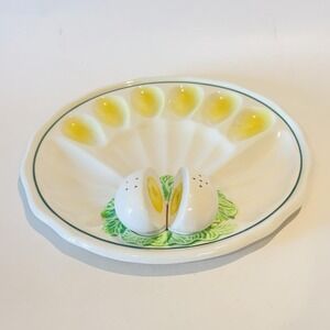 Vintage Deviled Egg Plate w/Egg Salt & Pepper Shakers UCAGO Ceramics Japan EUC